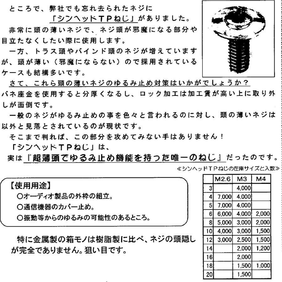 薄い頭のネジのゆるみ止めについて（シンヘッドＴＰねじ）: 職人さんの